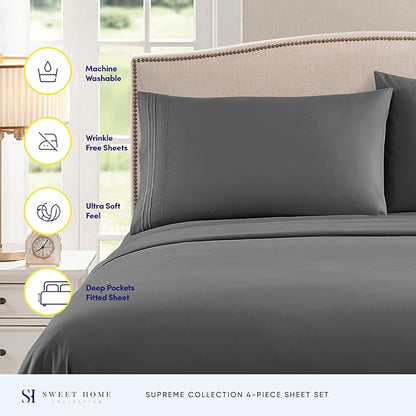 Twin Sheets - Breathable Luxury Sheets with Full Elastic & Secure Corner Straps Built In - 1800 Supreme Collection Extra Soft Deep Pocket Bedding Set, Sheet Set, Twin, Gray