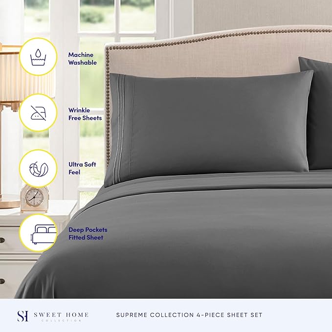 California King Sheet Sets - Breathable Luxury Sheets with Full Elastic & Secure Corner Straps Built In - 1800 Supreme Collection Deep Pocket Bedding, Sheet Set, EXTRA DEEP pocket - Cal King, Gray