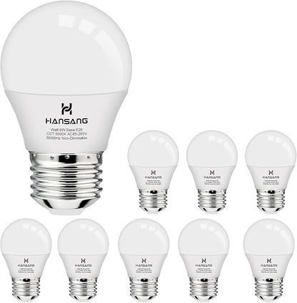 hansang A15 LED E26 Small Light Bulb, Daylight 5000K, 60Watt Equivalent Ceiling Fan Light Bulbs, E26 Standard Base Appliance Light Bulb, 600 Lumen, CRI85+, Eye Protection, 120V, Non-Dimmable 8 Pack