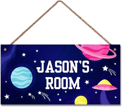 Personalized Outer Space Sign Cute Kids Aerospace Themed For Kids Room Nursery Baby Playroom Door Decor,Custom Name Stars Wall Decor Decorative Plate for Boys Room