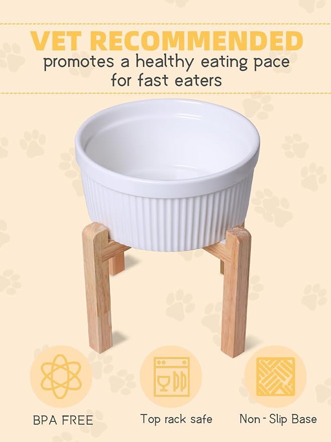 Large Dog Food Bowl, 65 oz Ceramic Bowls for Medium Breed, Pet Food Water Dish Heavy Wighted, Raised Dog Bowl with Wooden Stand, White-Mewly Pet