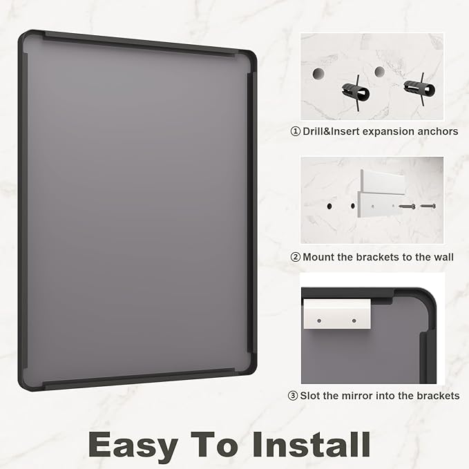 55x36 Inch Black Framed Bathroom Mirror for Wall, Large Matte Metal Framed Wall Mirror, Rounded Corner Rectangle Vanity Mirror, Tempered Glass, Anti-Rust, Shatterproof (Horizontal/Vertical)