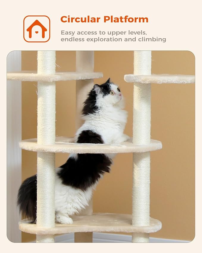 PETEPELA 61" Cat Tree for Indoor Cats, [6-Levels] Cat Climbing Tower with 9 Sisal Scratching Posts and Replaceable Dangling Ball &Top Perch, Beige-Mewly Pet