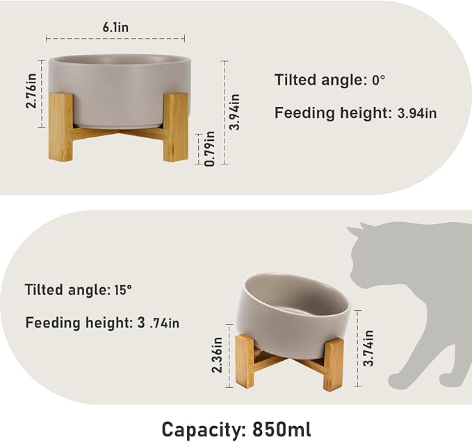 SPUNKYJUNKY 15° Slanted Ceramic Dog and Cat Bowl with Wooden Stand, Tilted Bulldog Food and Water Bowl No Slip Non-Spill for Cats Medium Dogs Big Face Pets 28.7 OZ (3.6 Cups, Grey)-Mewly Pet