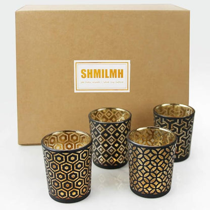 SHMILMH Halloween Votive Candle Holders Set of 12 Black Gold Glass Tealight Candle Holders with 4 Patterns Table Centerpiece for Halloween Party Table Decorations
