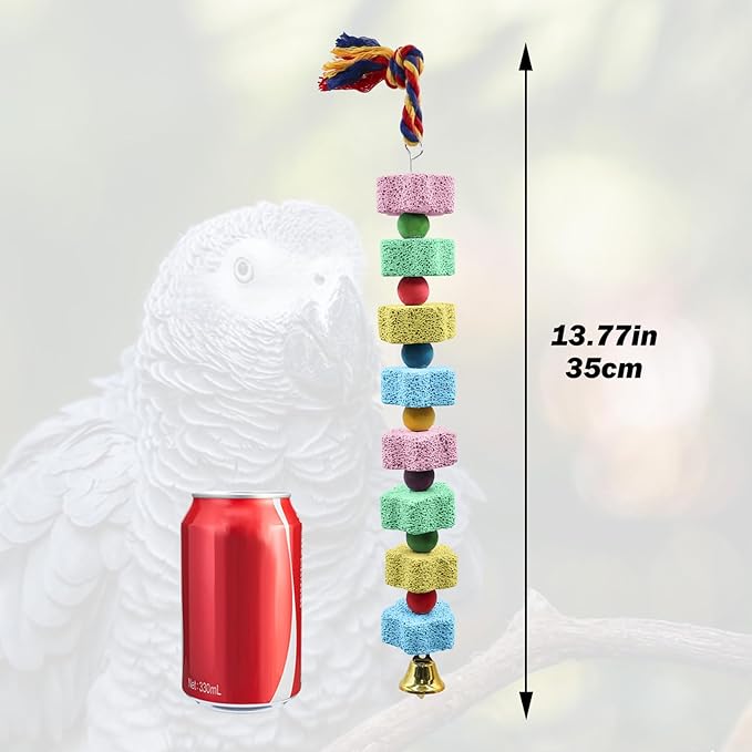 2 Pack Mineral Block Chew Toys with Colorful Beads and a Bell, Bird Beak Grinding Stone, Cage Accessories for African Grey, Budgies, Cockatiels, Small to Medium Birds-Mewly Pet