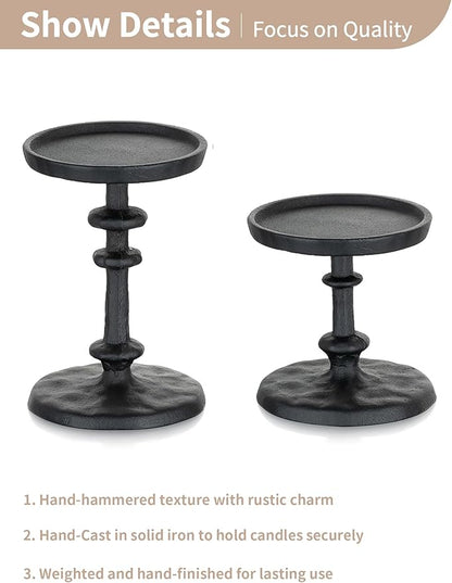 NUPTIO Pillar Candle Holder Black: Solid Cast Iron Candle Stand for 3 Inch Pillars - Vintage Sturdy Metal Candleholder for Halloween Christmas Fireplace Mantle Decor