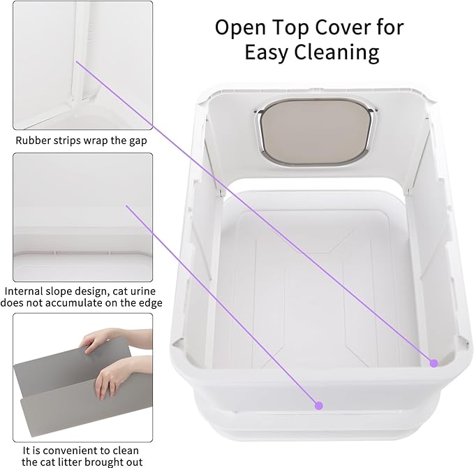 RIZZARI Cat Litter Box Stainless Steel Top-Entry : Leak-Proof Enclosed Design Reduces Odor, for Indoor Cats & Owners (White)-Mewly Pet
