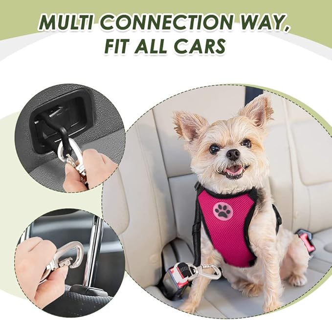 SlowTon Dog Seat Belt Harness for Car, Dog Car Harness Adjustable Mesh Breathable & Dog Seatbelt Safety Tether with Elastic Bungee for Small Medium Large Pets(Fuchsia, Double Clip, S)-Mewly Pet