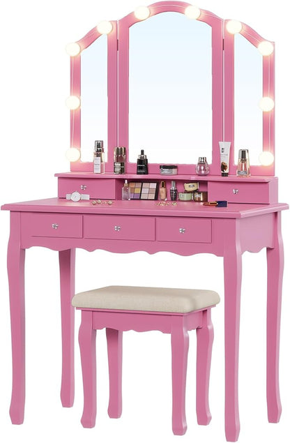 Tiptiper Vanity Desk with Tri-Fold Mirror and Lights, Makeup Vanity with Wood Upholstered Stool, Makeup Desk with 5 Drawers & 8 Jewelry Hooks, Small Vanity, Pink
