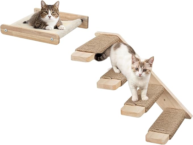 HOOBRO Cat Wall Shelf Set of 2, Wall Mounted 4-Level Cat Steps with Jute Scratching Steps, Hammock Wall Mounted, Holds up to 40 lb, Cat Wall Furniture, for Playing, Natural NL41CS03-Mewly Pet