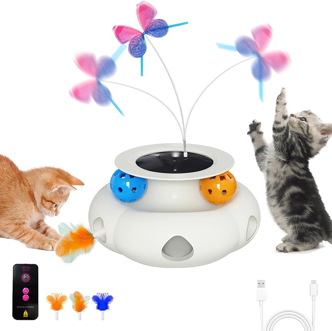 Interactive Cat Toys for Indoor Cats, 3in1 Rechargeable Pet Teaser Toy with Ambush Feather Wand, Fluttering Butterfly and Track Balls, Touch Activated Automatic Kitten Toys with Remote Control-Mewly Pet