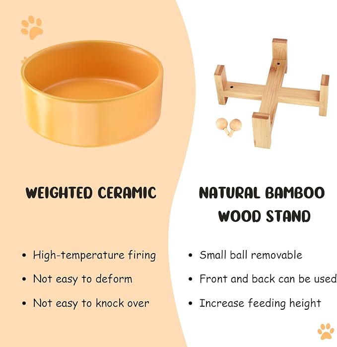 SPUNKYJUNKY 15° Slanted Ceramic Dog and Cat Bowl with Wooden Stand, Tilted Bulldog Food and Water Bowl No Slip Non-Spill for Cats Medium Dogs Big Face Pets 13.5 OZ (1.7 Cups, Yellow × 2)-Mewly Pet