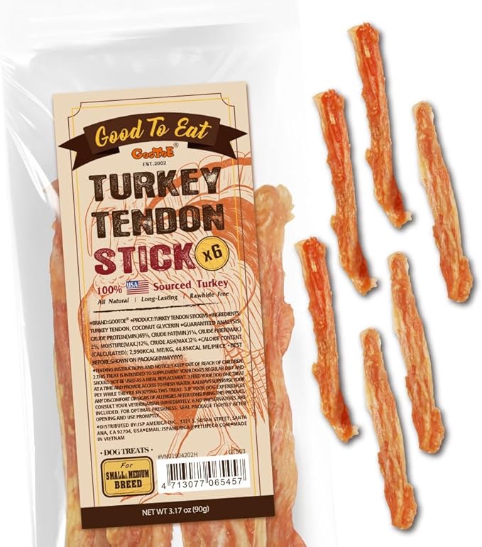 Gootoe Turkey Tendon Dog Treats, Stick (M) 3.17 oz, USA-Sourced Turkey Tendon, Natural Snack, Premium Puppy Chews, Hypoallergenic, Rawhide Free, Reseal Value Bags, Size for Medium Dogs-Mewly Pet
