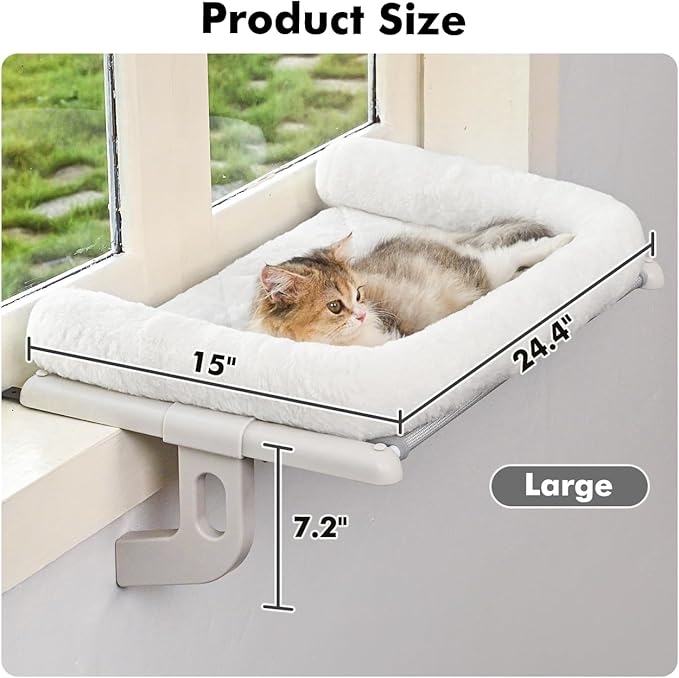 Cat Window Sill Perch with Large Bolster, Easy to Adjust & Assemble Cat Window Seat for Windowsill & Bedside, Pet Hammock Bed for Large Cats and Kittens (White, L)-Mewly Pet