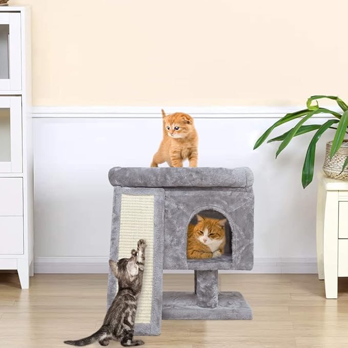SYANDLVY Small Cat Tree for Indoor Cats, Cat Tower with Scratching Post, Modern Activity House for Large Cats, Condo with Board, Kittens Cave (Light Grey)-Mewly Pet