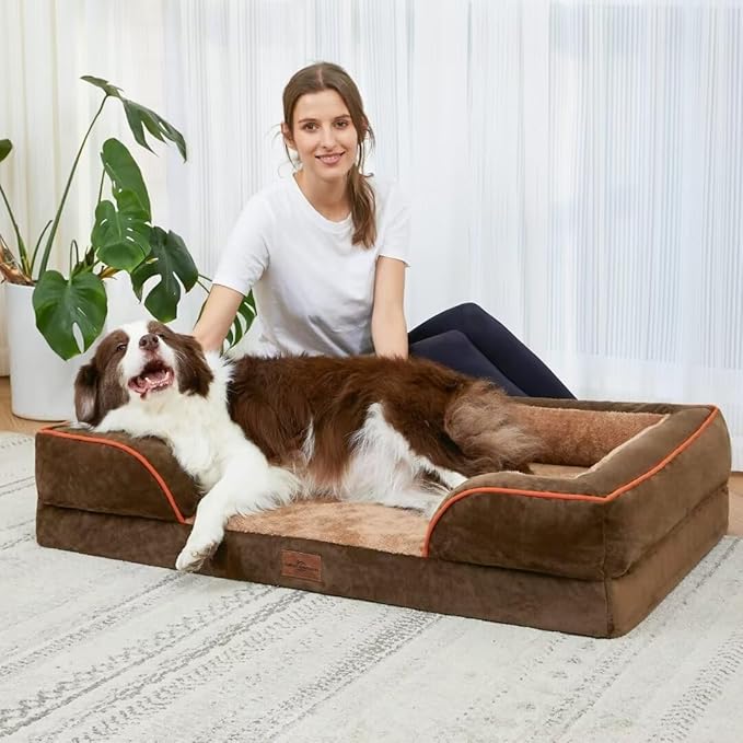 Comfort Expression Memory Foam Dog Beds, Washable Dog Bed Jumbo Breed, Orthopedic Dog Bed Waterproof Pet Sofa Couch with Bolster & Removable Cover(Jumbo,Khaki Brown)-Mewly Pet