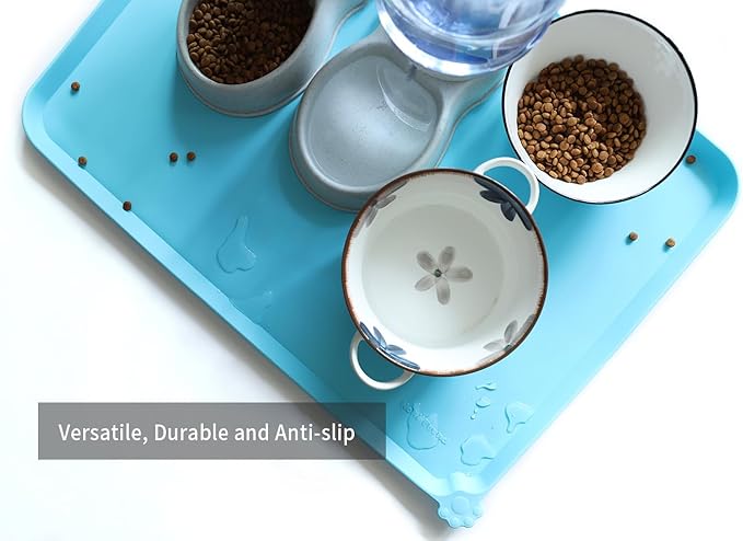 Hoki Found X-Large Silicone Pet Food Mats Tray - Non Slip Pet Dog Cat Bowl Mats Placemat - Dog Pet Cat Feeding Mat - Waterproof Dog Cat Food Mats -Pet Water Mats for Carpet - Arctic-Mewly Pet