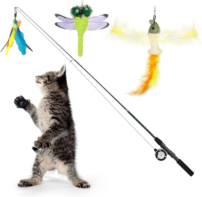 Pawaboo Cat Feather Toys, 4 Pack Interactive Cat Feather Teaser Wand Toys, Retractable Fishing Pole Wand Catcher Exerciser with Refill Fish, Dragonfly Worm with Bells, Fun Kitten Kitty Toy, Colorful-Mewly Pet