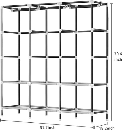 LOKEME Wardrobe Closet,Portable Closet for Bedroom Steel Pipe Diameter 19mm Strong and Sturdy Grey Portable Closets for Hanging Clothes with 3 Hanging rods, 6 Storage Shelves and Side Pockets