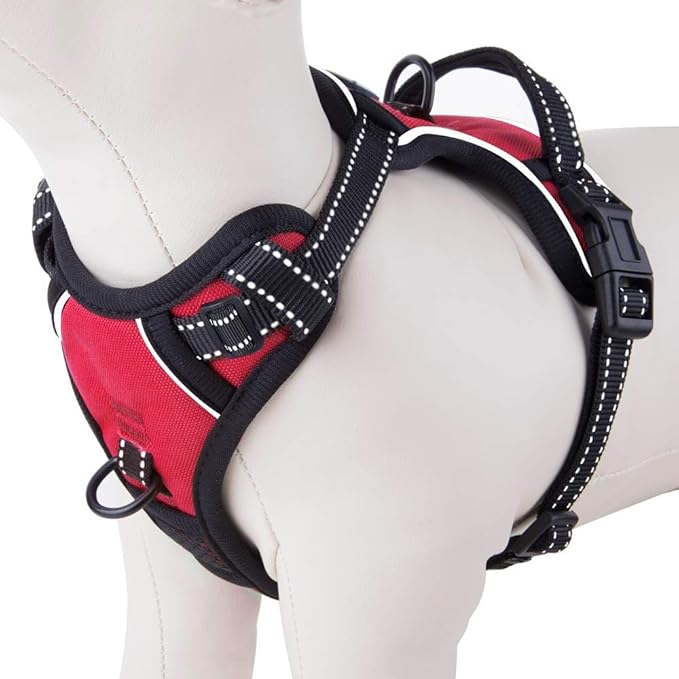 PHOEPET Reflective Dog Harness No Pull Large Breed Vest with 2 Metal Leash Attachment Hooks(L, Red)-Mewly Pet