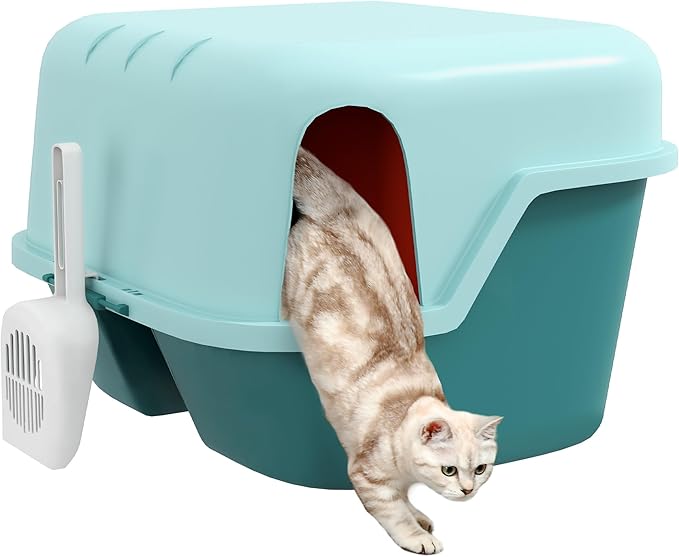 PawHut Cat Litter Box with Lid, Covered Kitty Litter Box Enclosure with Scoop, Openable & Lockable Cover, Easy to Clean, Green-Mewly Pet