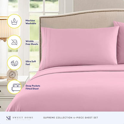 Queen Size Bed Sheets - Breathable Luxury Sheets with Full Elastic & Secure Corner Straps Built In - 1800 Supreme Collection Extra Soft Deep Pocket Bedding Set, Sheet Set, Queen, Pink