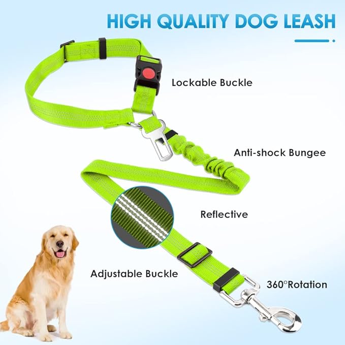 SlowTon Dog Seat Belt for Car, 2 Pack Dog Car Harness Seatbelt Adjustable with Elastic Bungee Buffer, 2 in 1 Pet Car Leash Headrest Restraint Dog Reflective Safety Tether (Lime, Headrest+Clip)-Mewly Pet