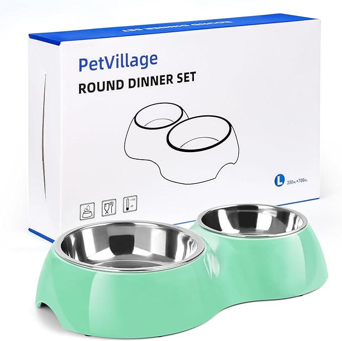 Elevated Dog Bowls Set - Non-Slip Raised Pet Feeder with Medium (2 Cups) & Large (4 Cups) Stainless Steel Bowls - Includes Durable Resin Stand for Puppies, Adult Dogs & Cats - Green-Mewly Pet