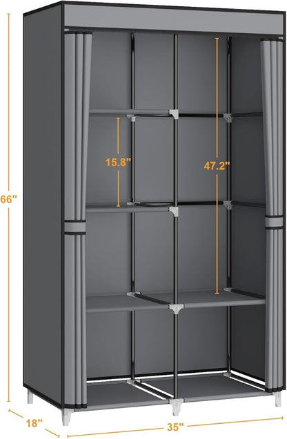35 Inch Portable Wardrobe Closet for Small Room, Clothing Organizer Storage Rack with Non-Woven Fabric Cover, 1 Clothes Hanging Rod, 6 Storage Shelves, Grey