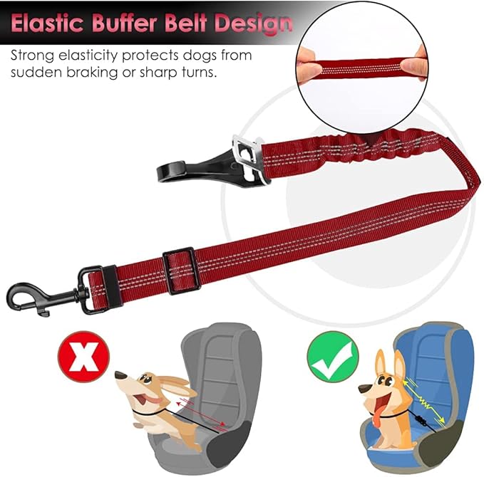 SlowTon 2 Pack Dog Seat Belt, 2 in 1 Attachment, Hook Latch Bar or Seatbelt Buckle with Elastic Nylon Bungee Buffer Adjustable Reflective Nylon Safety Belt Tether Connect to Dog Harness (2pack-R)-Mewly Pet