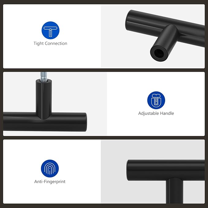 LONTAN 12 Pack Black Knobs for Cabinets and Drawers Kitchen Cabinet Knobs for Dresser Bathroom Modern T Bar Furniture Black Hardware,Stainless Steel