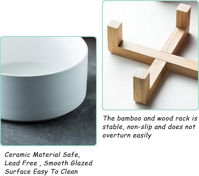 Petygooing White Ceramic Cat Dog Bowl Set with Stand,Small Dog Bowls,Pet Food and Water Dish, Anti Slip Set of 2 Cat Bowls Pet Food Bowl- Pet Dish Small Size Pet (13.5OZ/5.1 in)-Mewly Pet