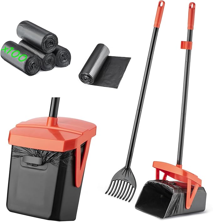 TIMINGILA 36" Pooper Scooper Swivel Bin & Rake with 100 Dog Poop Bags,Adjustable Long Handle for No-Bend Cleanup,Portable Non-Breakable Dog Poop Scooper for Large Medium Small Dogs-Mewly Pet