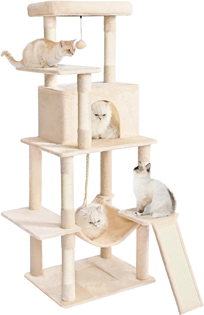 Cat Tree Tower 63in Multi-Level Cat Tower for Indoor Cats with Sisal Scratching Posts, Condo, Hammock, Dangling Ball and Extended Platform for Cats to Play, Beige-Mewly Pet