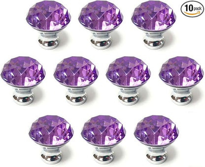 10 Pcs 30mm Silver Plated Base Diamond Shape Crystal Glass Cabinet Knob Drawer Knob Pull Handle Used for Kitchen, Dresser, Door, Cupboard (Purple)