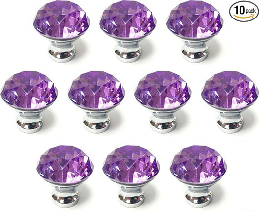 10 Pcs 30mm Silver Plated Base Diamond Shape Crystal Glass Cabinet Knob Drawer Knob Pull Handle Used for Kitchen, Dresser, Door, Cupboard (Purple)