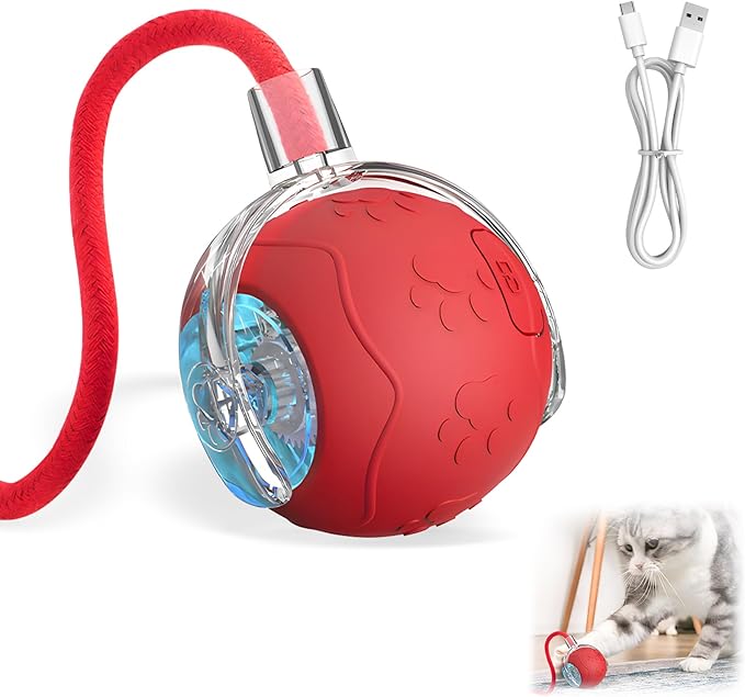 Interactive Cat Toys for Indoor Cats, 2025 New Interactive Cat Toys, Intelligent Automatic Rolling Pet Ball, Automatic Obstacle Avoidance Cat Toy Ball with Rope, Three Modes Adjustment (red)-Mewly Pet