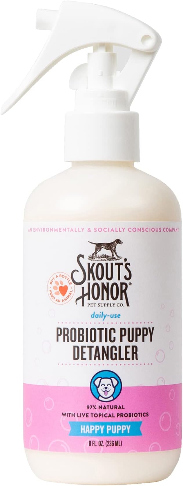 Skout's Honor Pet Detangler Spray - Hydrating & Conditioning with Avocado Oil & Probiotics, 97% Natural, Paraben & Sulfate-Free, softens for a More brushable Coat, Daily Use, 8oz, Happy Puppy-Mewly Pet