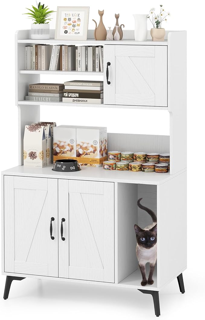 PETSITE Cat Litter Box Enclosure with Storage Shelf, 52 Inches Tall Modern Wooden Hidden Litter Box Furniture with Storage Shelving, Ideal for Indoor Cats (White)-Mewly Pet