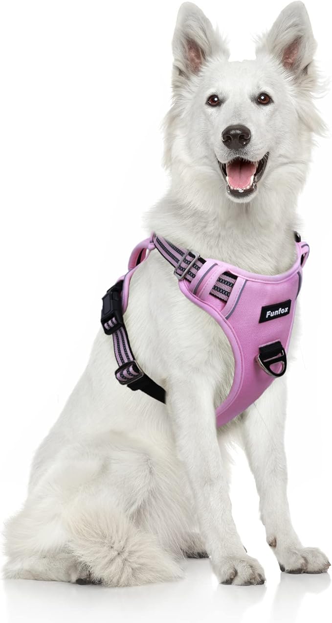 Funfox Dog Harness No Pull, Adjustable Pet Vest Harness, Super Soft Material with Vertical Handle Easy Control, Reflective Night Walking, 2 Leash Clips for XLarge Dogs, Pink, XL-Mewly Pet