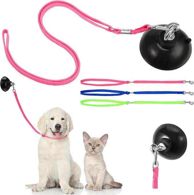 Frienda 4 Pieces Dog Bathing Tether with Suction Cup Pet Dog Grooming Tub Restraint Loops and Adjustable Cat Fixed Safety Rope for Pet Shower Bathing Grooming(Blue Pink Bright Green)-Mewly Pet