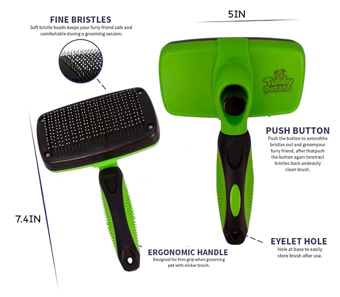 Tubby Potato™ Self Cleaning Slicker Brush - Deshedding Brush for Long and Short Haired Pets. Comfortable and Safe for Senitive Skin. Great for Dogs, Cats, and other Small Animals- Green-Mewly Pet