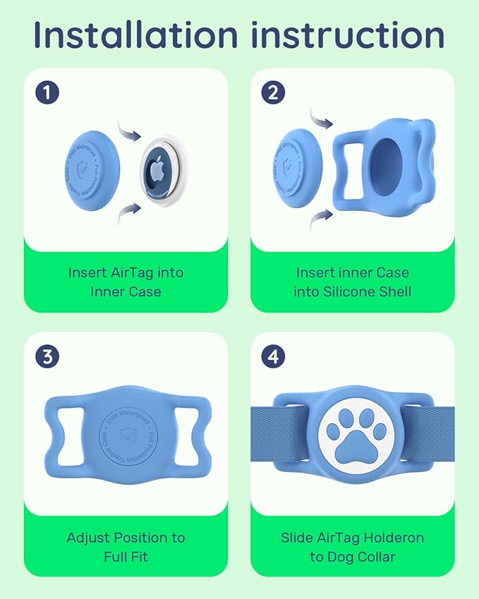 IP68 Waterpoof Dog Airtag Holder, Stretchy Silicone Full Body Covered Apple Air Tag Holder for Dog Cat Collar Fit All Width Collar (Blue, 1 Pack)-Mewly Pet