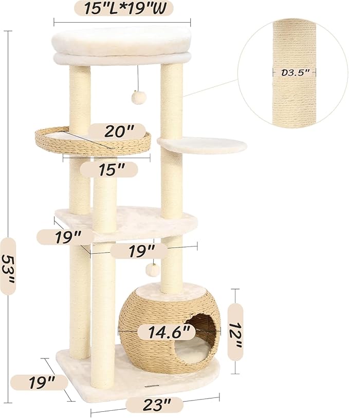 KAMABOKO Modern Cat Tree, 53" Cat Tower for Indoor Cats Natural Sisal Scratching Posts, Hand-Woven Condo & Top Perch, Cat Tree Tower for Kittens Climb Play & Rest-Mewly Pet