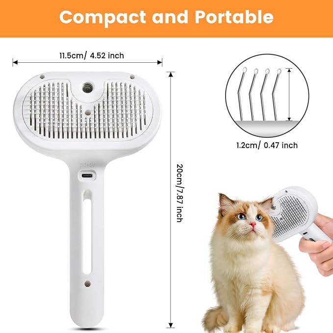 3 in 1 Cat Steam Brush, Pet Steam Brush for Cat Dog Long Short Haired, Pet Spray Hair Removal Comb for Small Animals Shedding & Grooming, Water Mist Spray Brushes with Release Button(White)-Mewly Pet