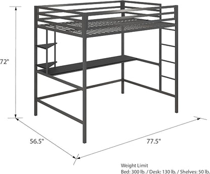 Novogratz Maxwell Metal Full Loft Bed with Desk & Shelves, Gray/Black