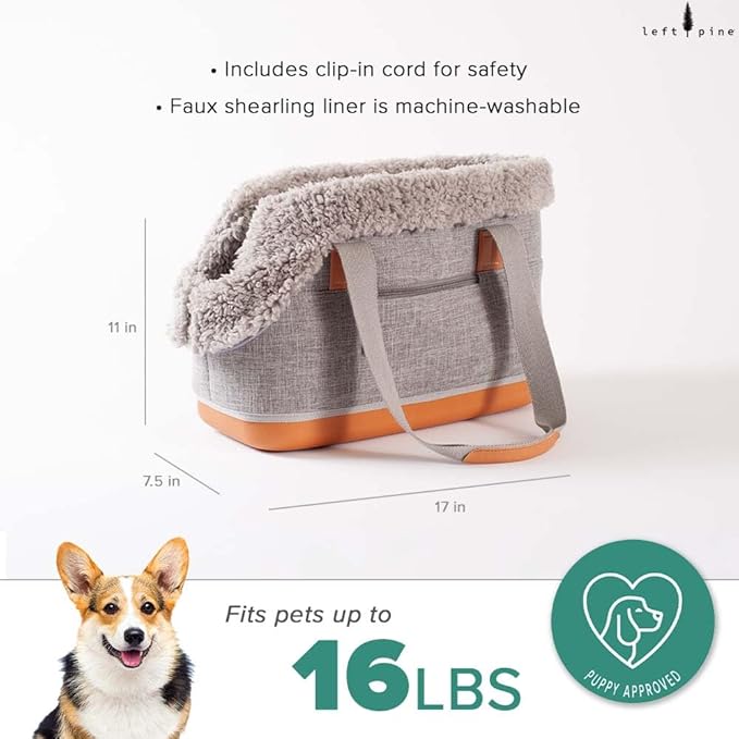LeftPine x P.L.A.Y. Deluxe Dog Carrier Purse - Soft Sided Pet Travel Tote for Small Dogs & Puppies up to 16 Pounds - Built-in Safety Leash, Machine Washable, Removable Liner, Zipper Pocket (Gray)-Mewly Pet