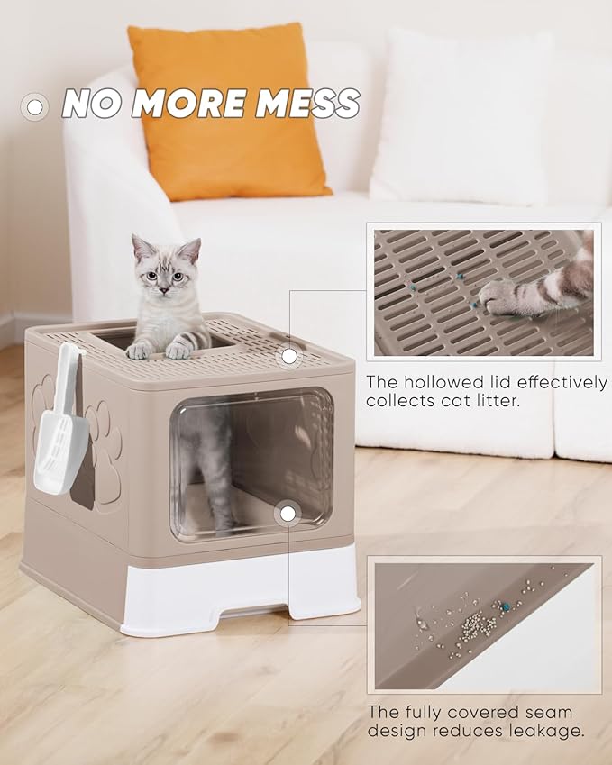 Enclosed Cat Litter Box, Large Litter Box for Big Cats, Covered Kitty Litter Boxes with Lid, Top Entry Cat Box Enclosure with Scoop, Odor Control, Easy to Clean(Coffee)-Mewly Pet