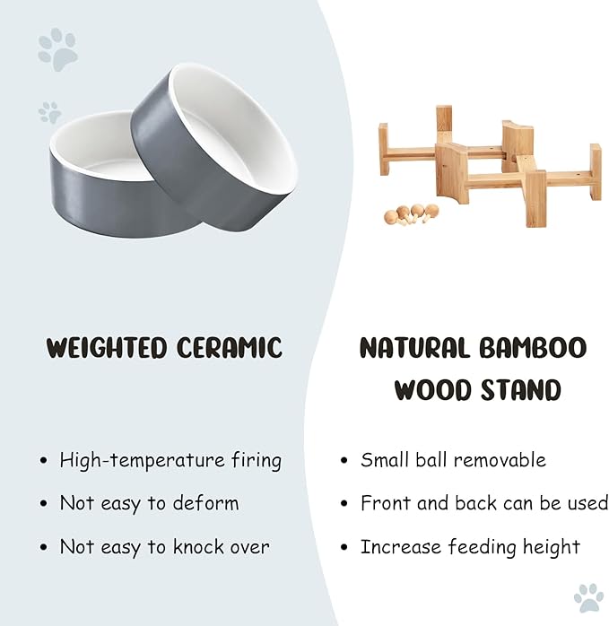SPUNKYJUNKY 15° Slanted Ceramic Dog and Cat Bowl with Wooden Stand, Tilted Bulldog Food and Water Bowl No Slip Non-Spill for Cats Medium Dogs Big Face Pets 13.5 OZ (1.7 Cups, White-Grey × 2)-Mewly Pet